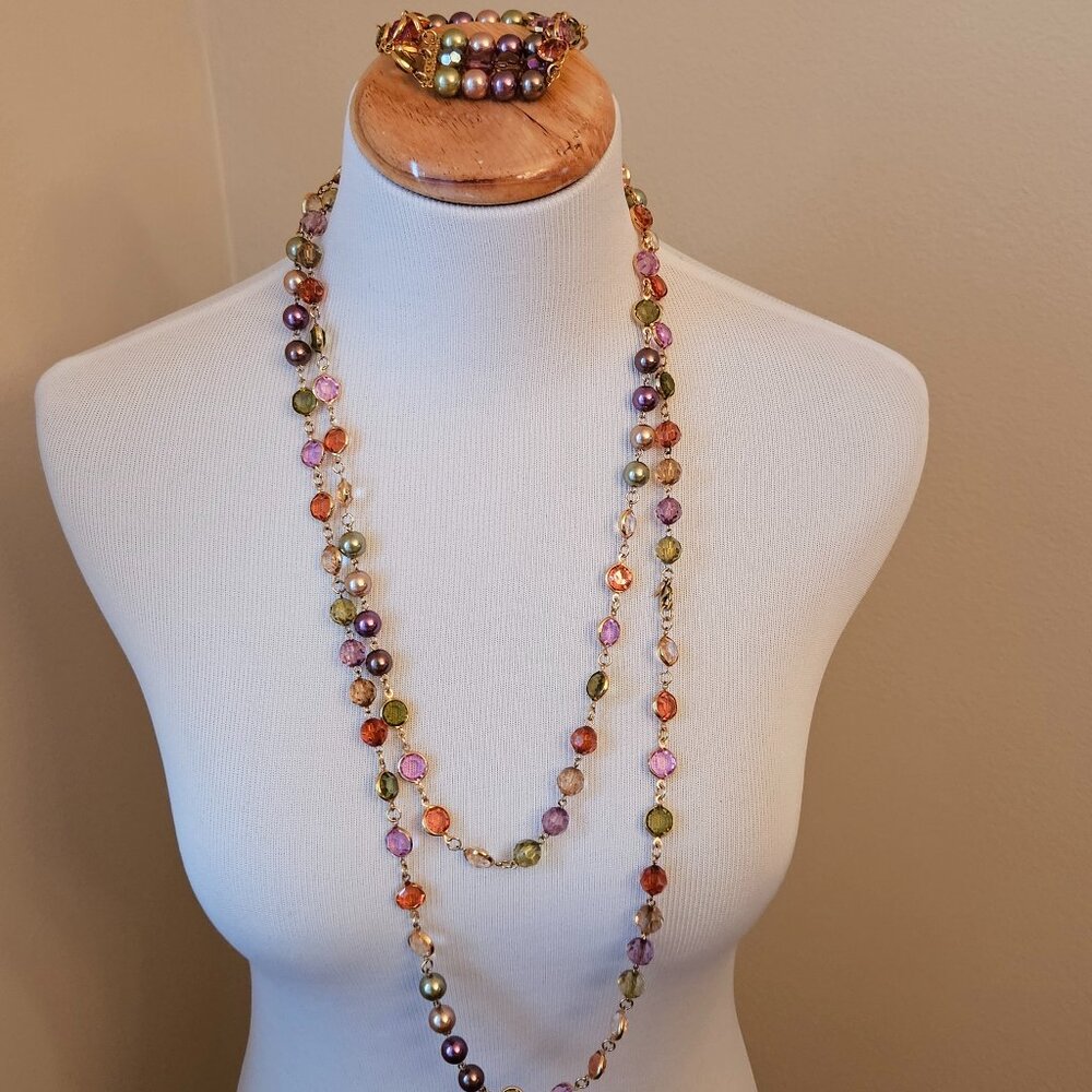 Vintage Gold Tone Multi-Color Glass Bead Necklace and Bracelet Set
